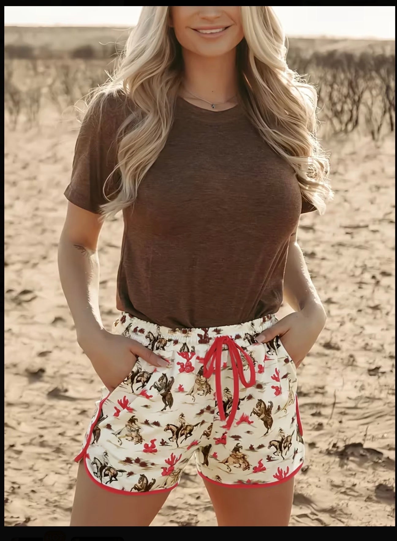 Western Desert Galloping Horse Print Shorts-Pink