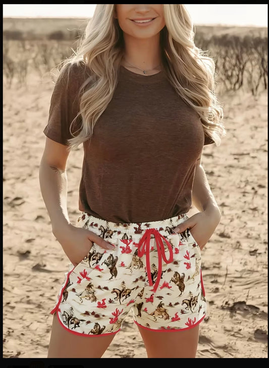 Western Desert Galloping Horse Print Shorts-Pink