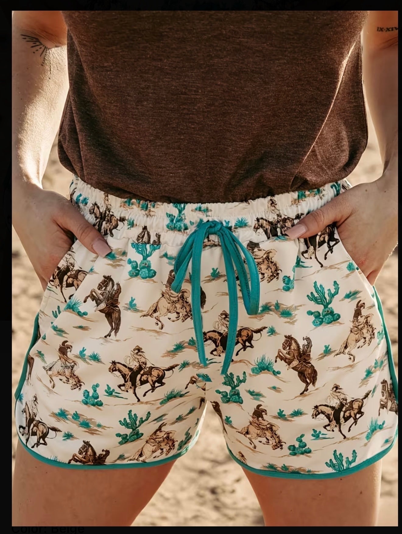 Western Desert Galloping Horse Print Shorts-Blue