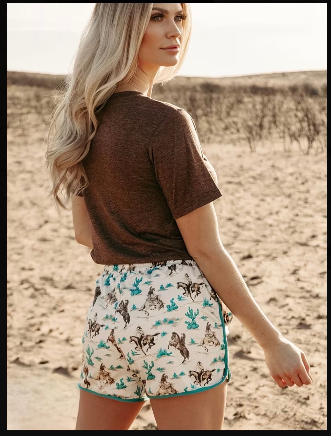 Western Desert Galloping Horse Print Shorts-Blue