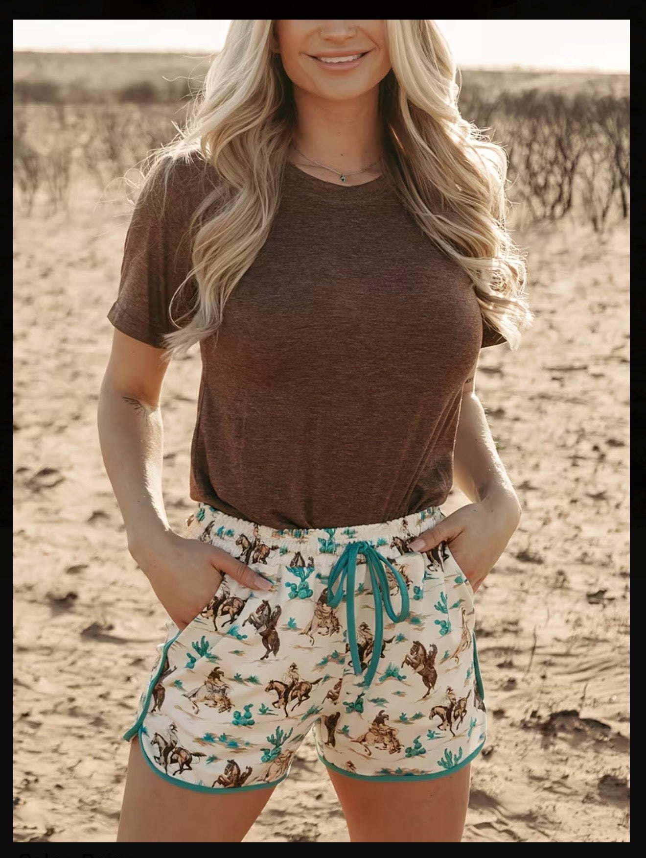 Western Desert Galloping Horse Print Shorts-Blue