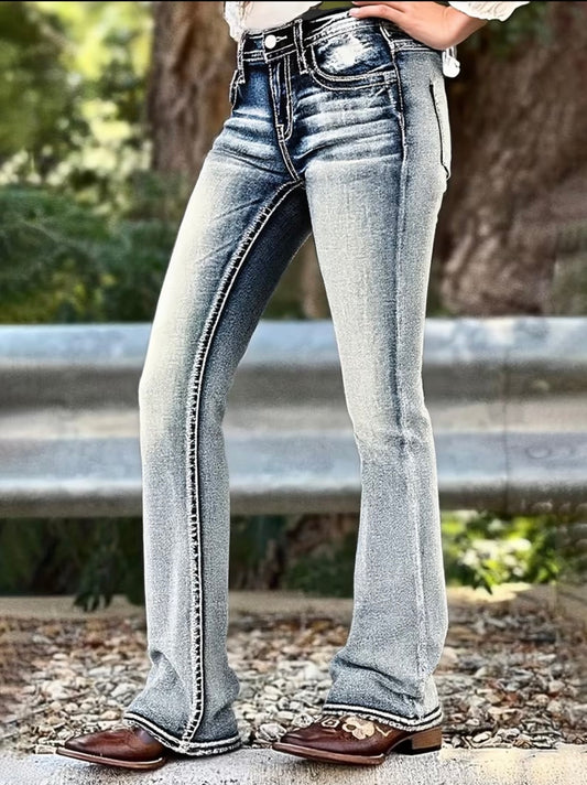 Embroidered Acid Washed Bootcut Jeans