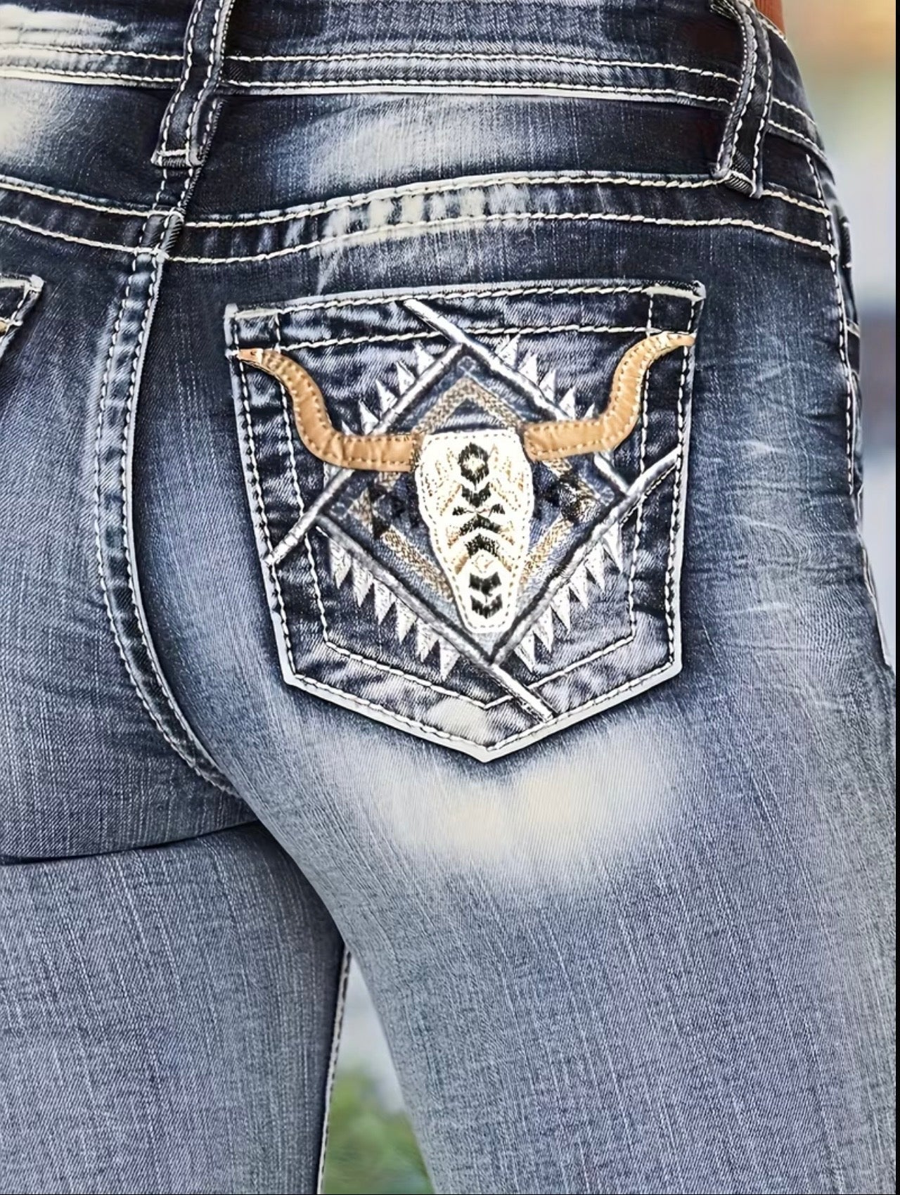 Embroidered Acid Washed Bootcut Jeans