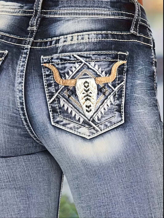 Embroidered Acid Washed Bootcut Jeans