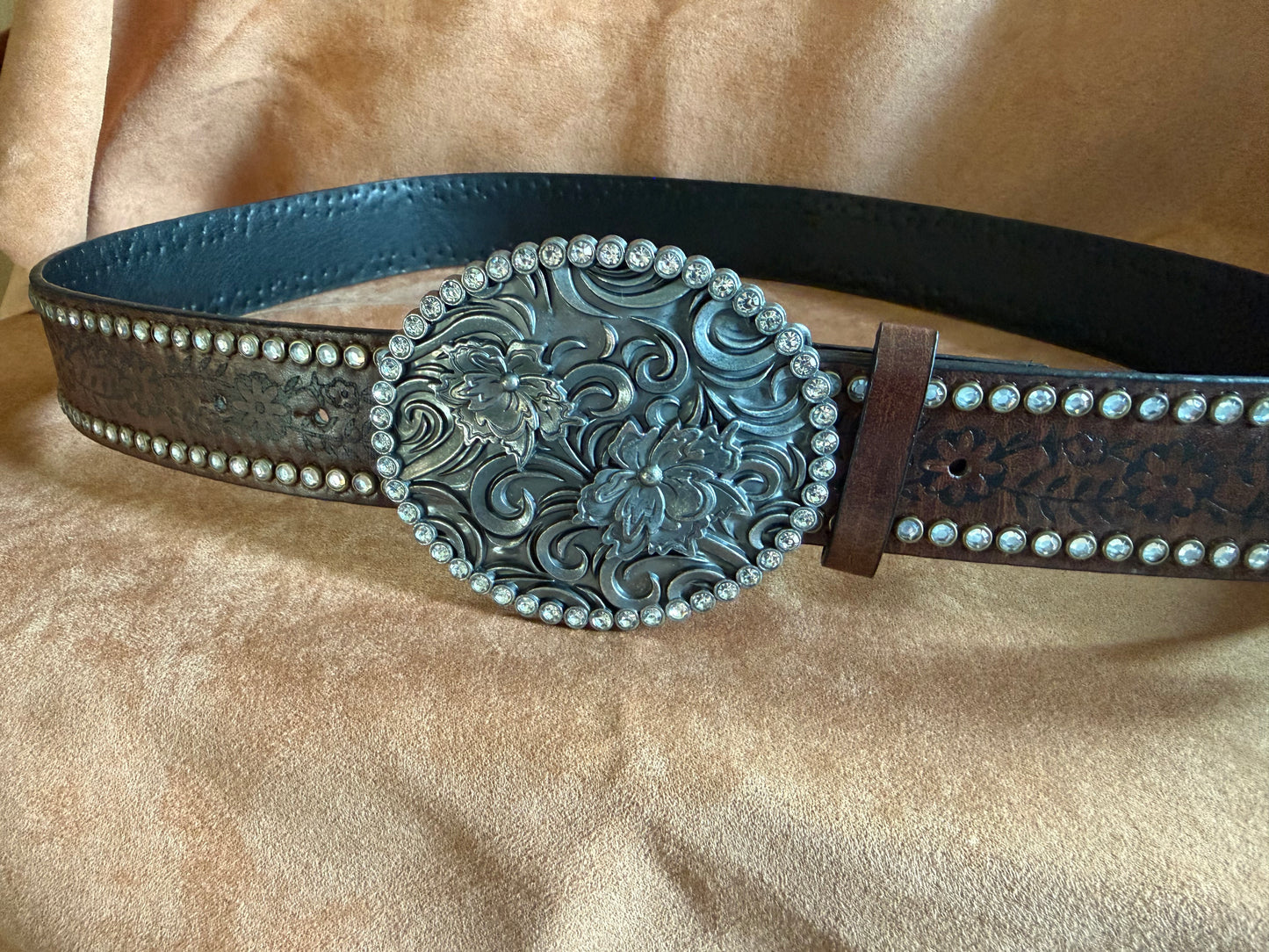 Tooled Leather Belt with Tooled Buckle