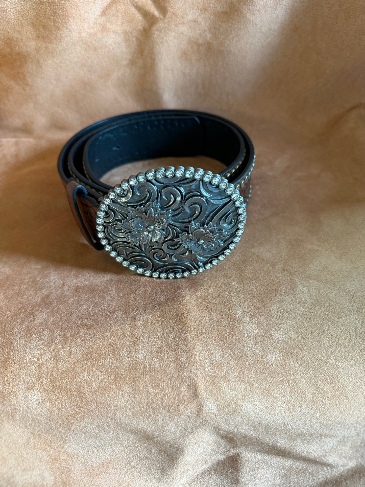 Tooled Leather Belt with Tooled Buckle