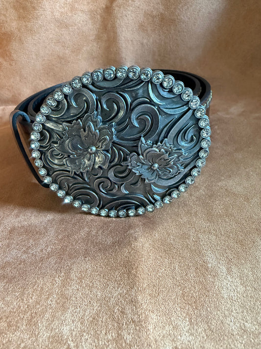 Tooled Leather Belt with Tooled Buckle