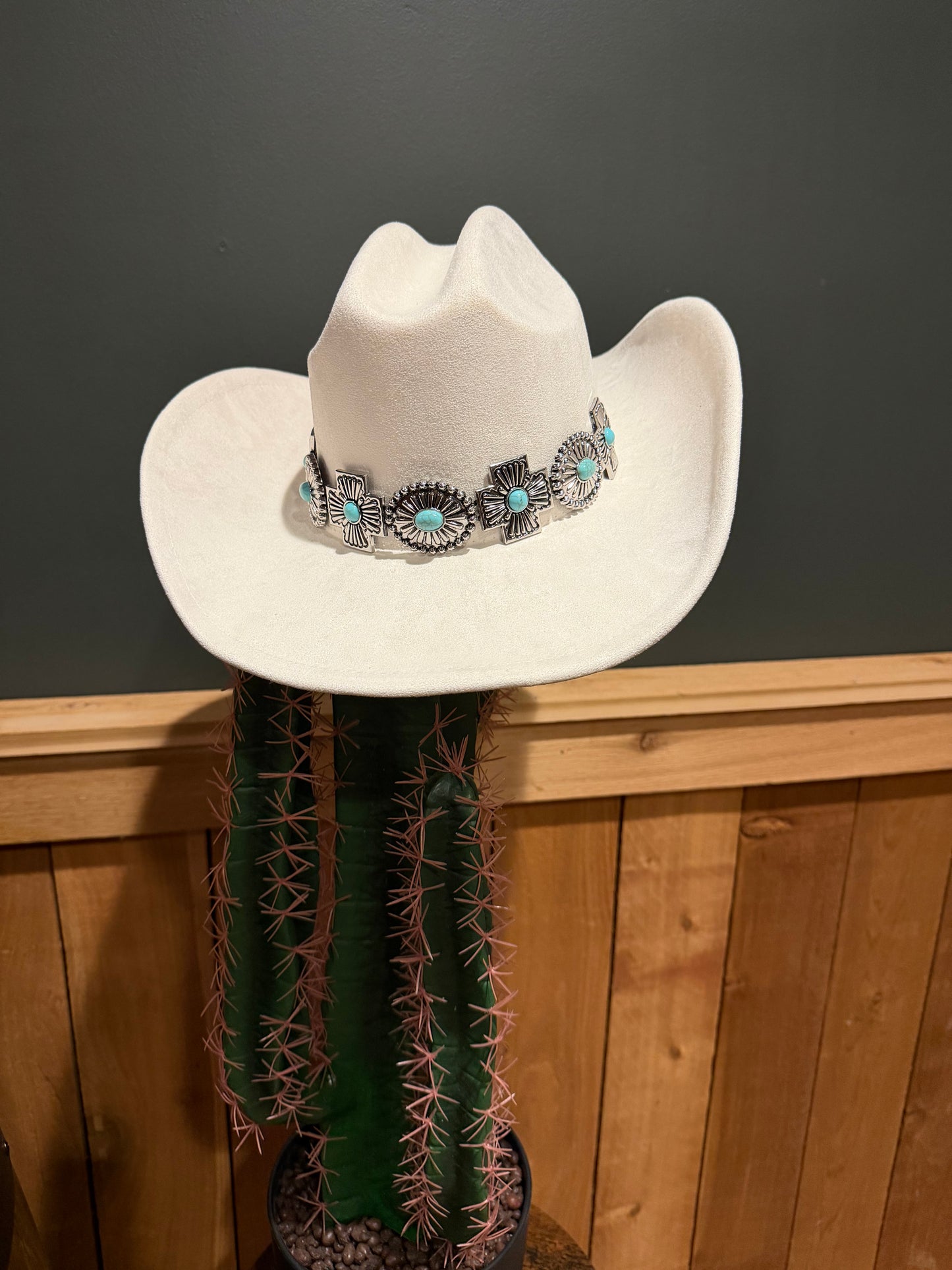 White Suede Cowboy Hat with Turquoise Concho Strapping