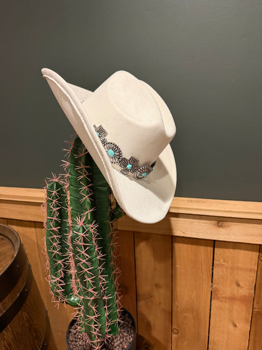 White Suede Cowboy Hat with Turquoise Concho Strapping