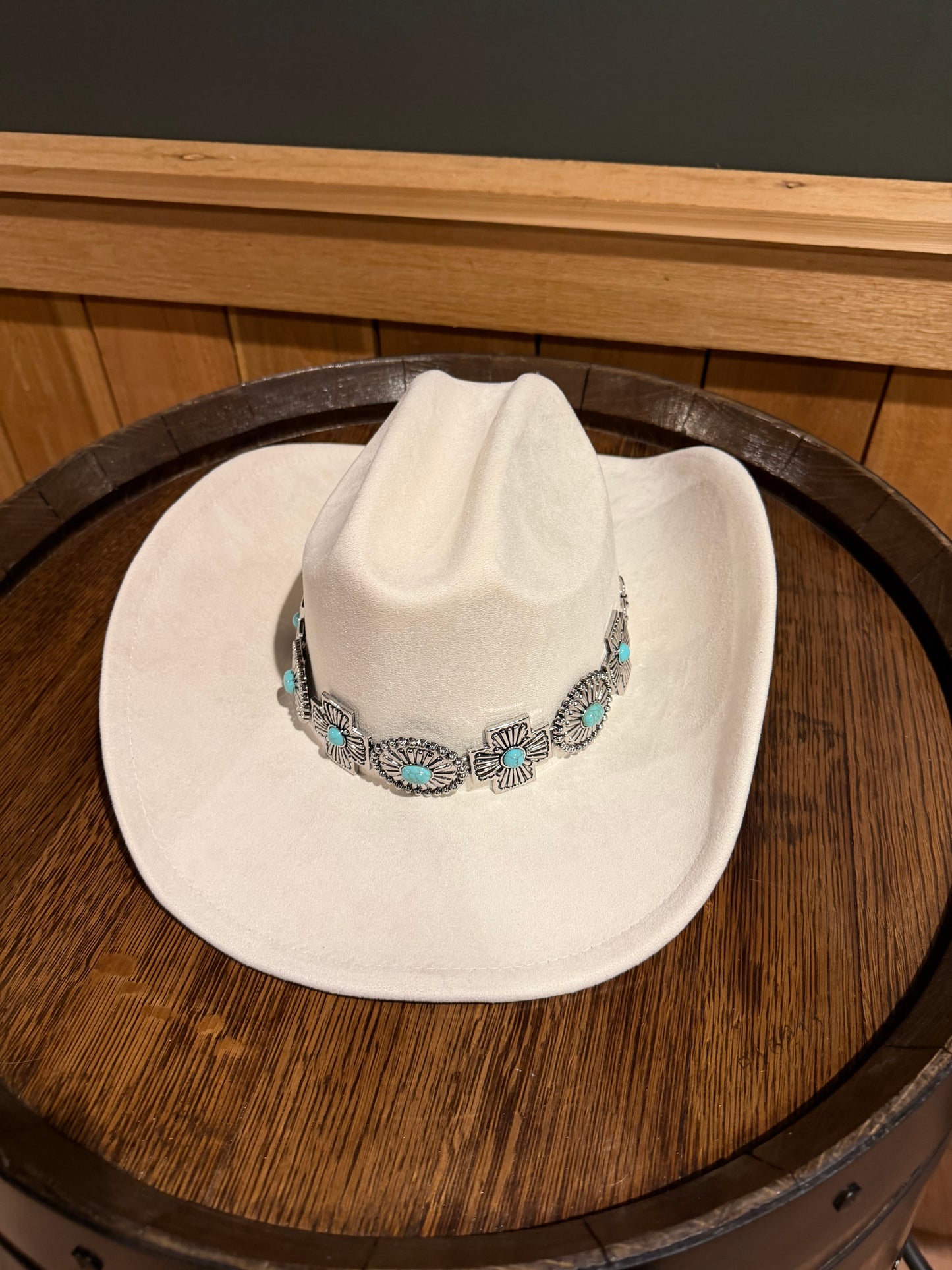 White Suede Cowboy Hat with Turquoise Concho Strapping