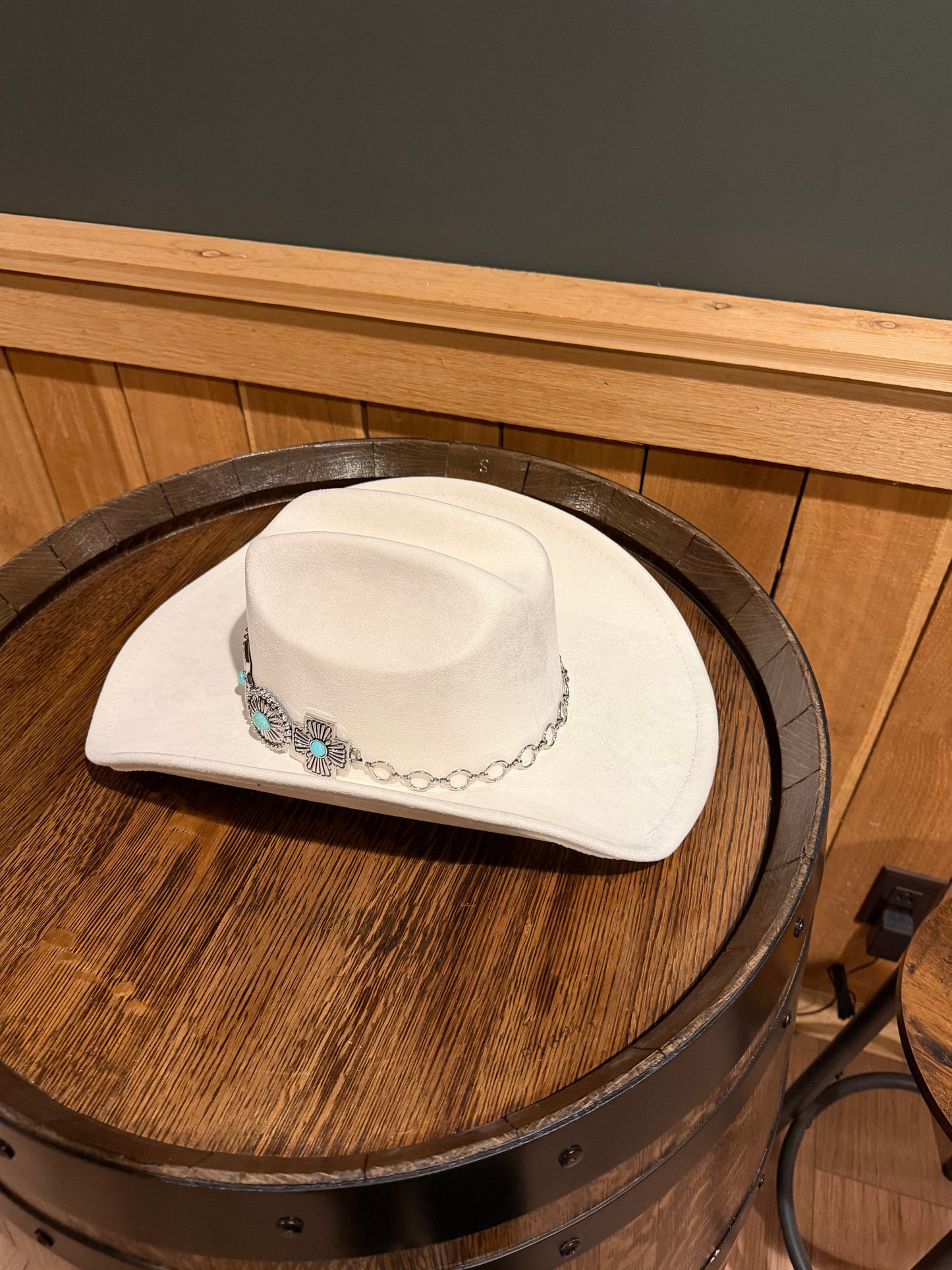 White Suede Cowboy Hat with Turquoise Concho Strapping