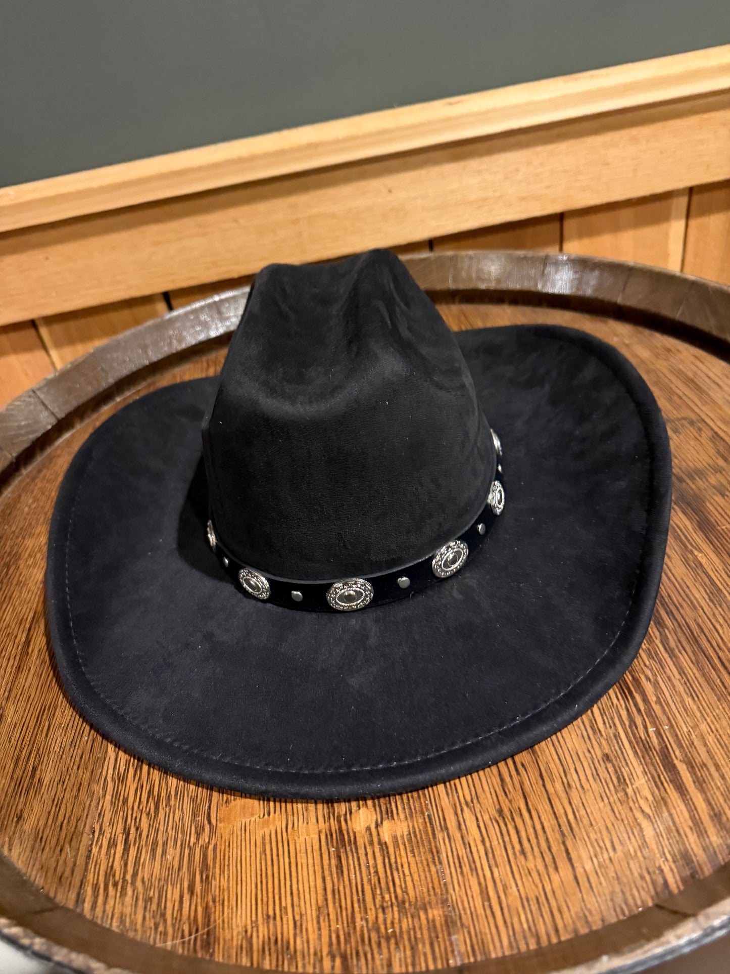 Black Suede Cowboy Hat with Leather Strapping