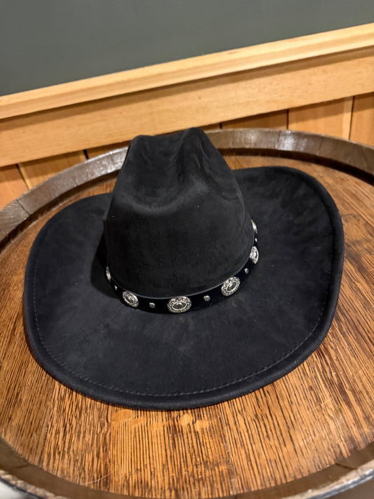 Black Suede Cowboy Hat with Leather Strapping