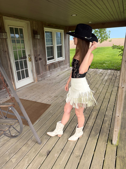 Ivory Stitched Tier Fringe Skirt