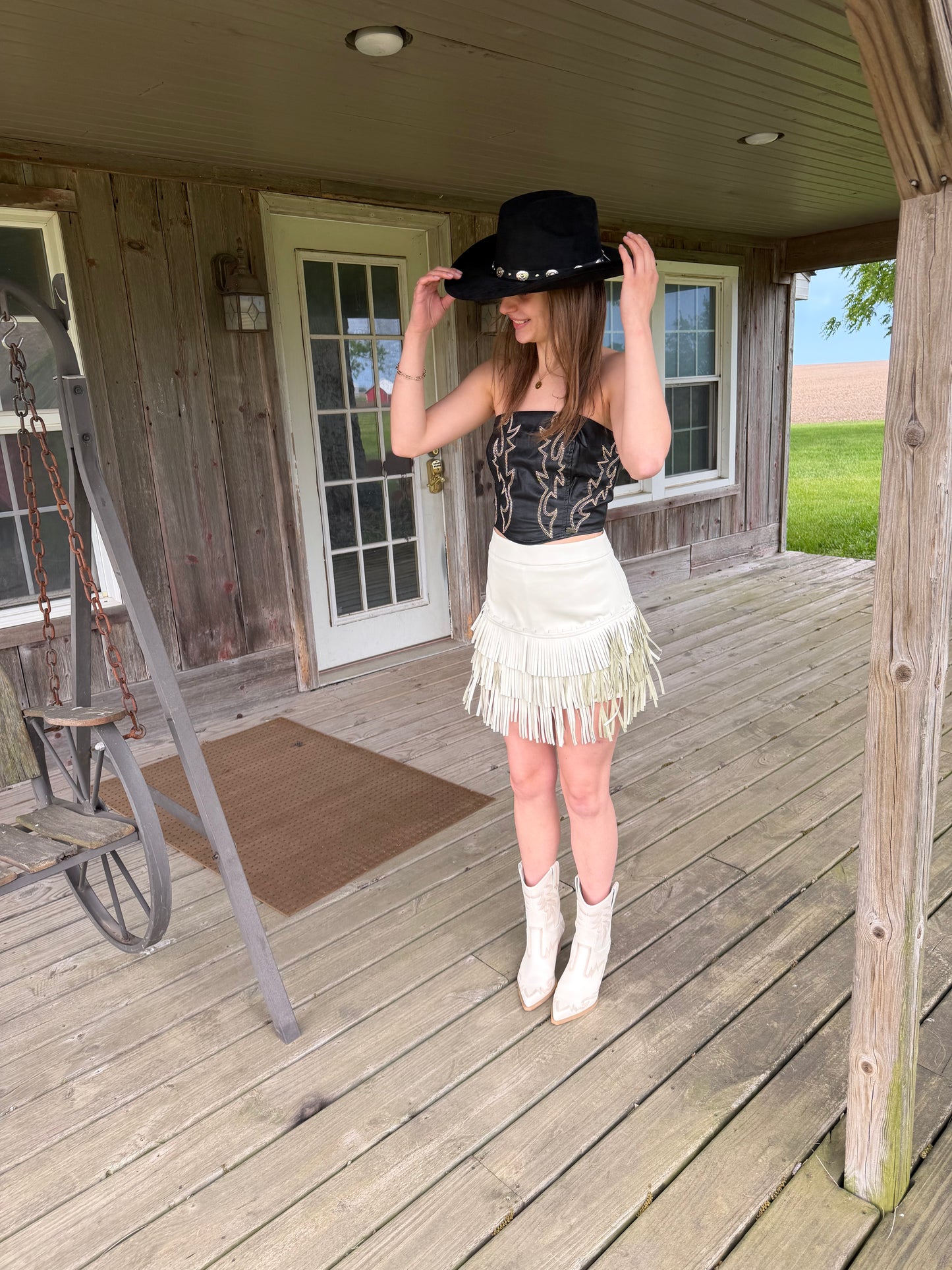 Black Leather Boot Stitch Embroider Corset Tie Back