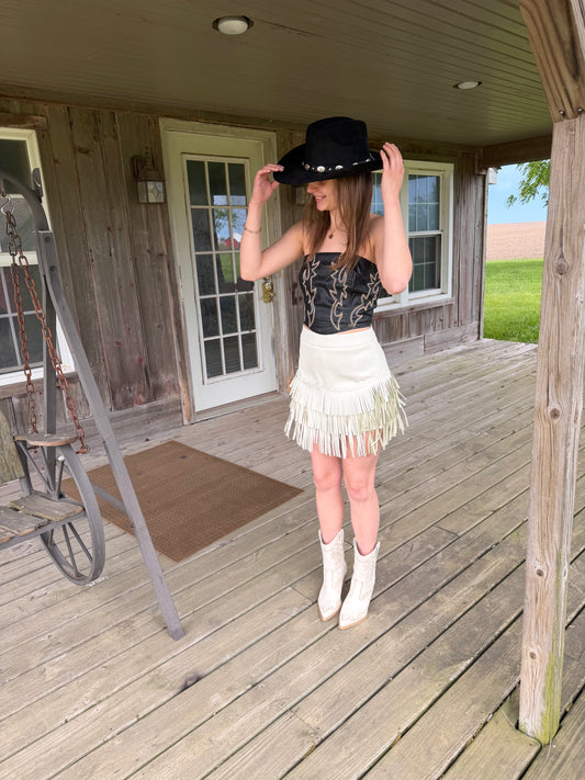 Ivory Stitched Tier Fringe Skirt