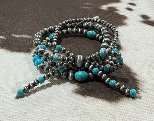Faux Silver Navajo and Turquoise Beaded Bow Bracelet Set