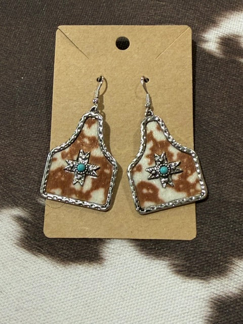 Brown and White Cattle Tag Earrings with Silver and Turquoise Aztec Center