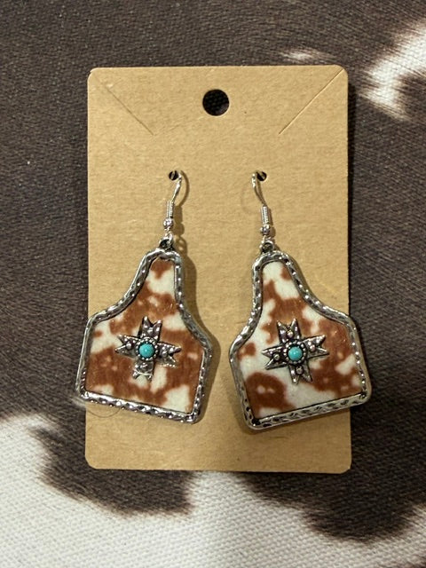 Brown and White Cattle Tag Earrings with Silver and Turquoise Aztec Center