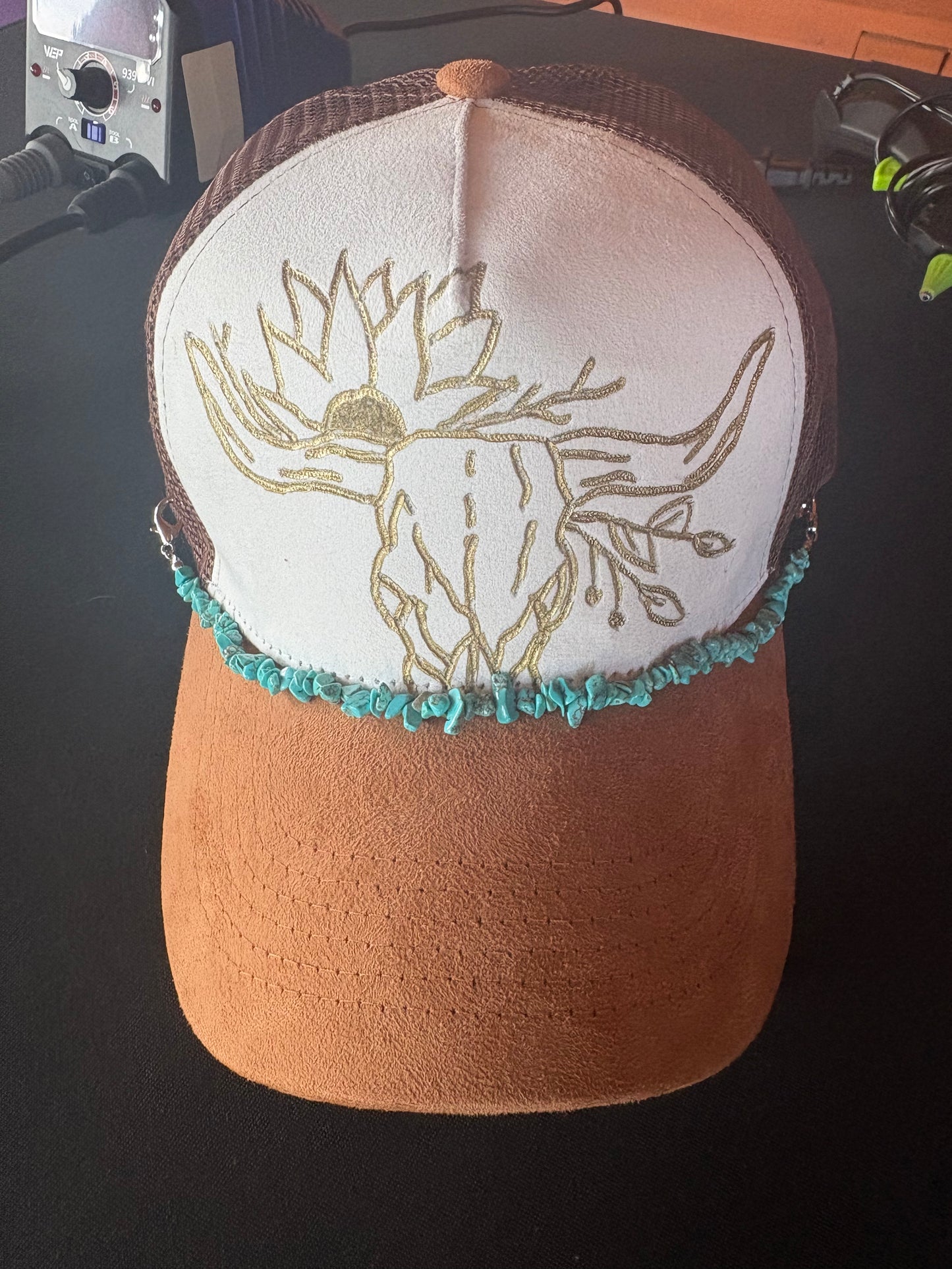 Turquoise Skull Suede Trucker Hat