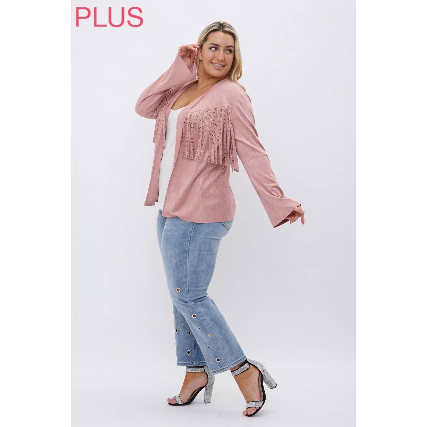 CURVY SUEDE NAILHEAD FRINGED JACKET