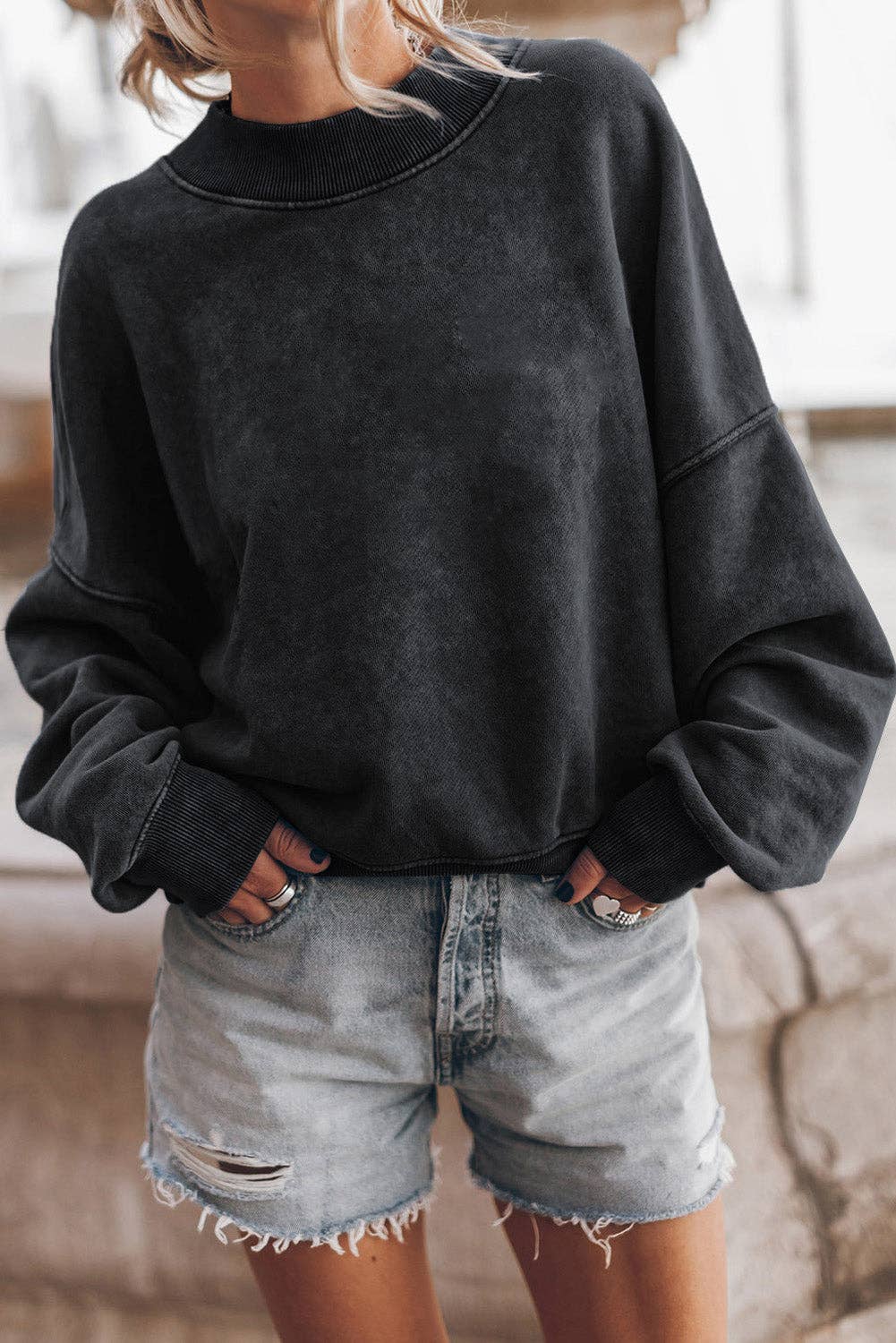 Solid Color Drop Shoulder Crew Neck Pullover Sweatshirt: Red / 75%Polyester+25%Cotton / L