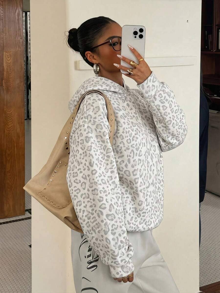 Leopard Hoodie Oversized Casual Pullover Sweatshirt: Gray Leopard / 65%viscose+35%polyester / L