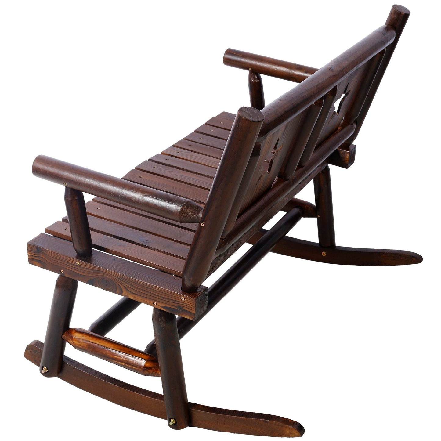 Rustic Brown Outdoor Wood Double Rocking Bench