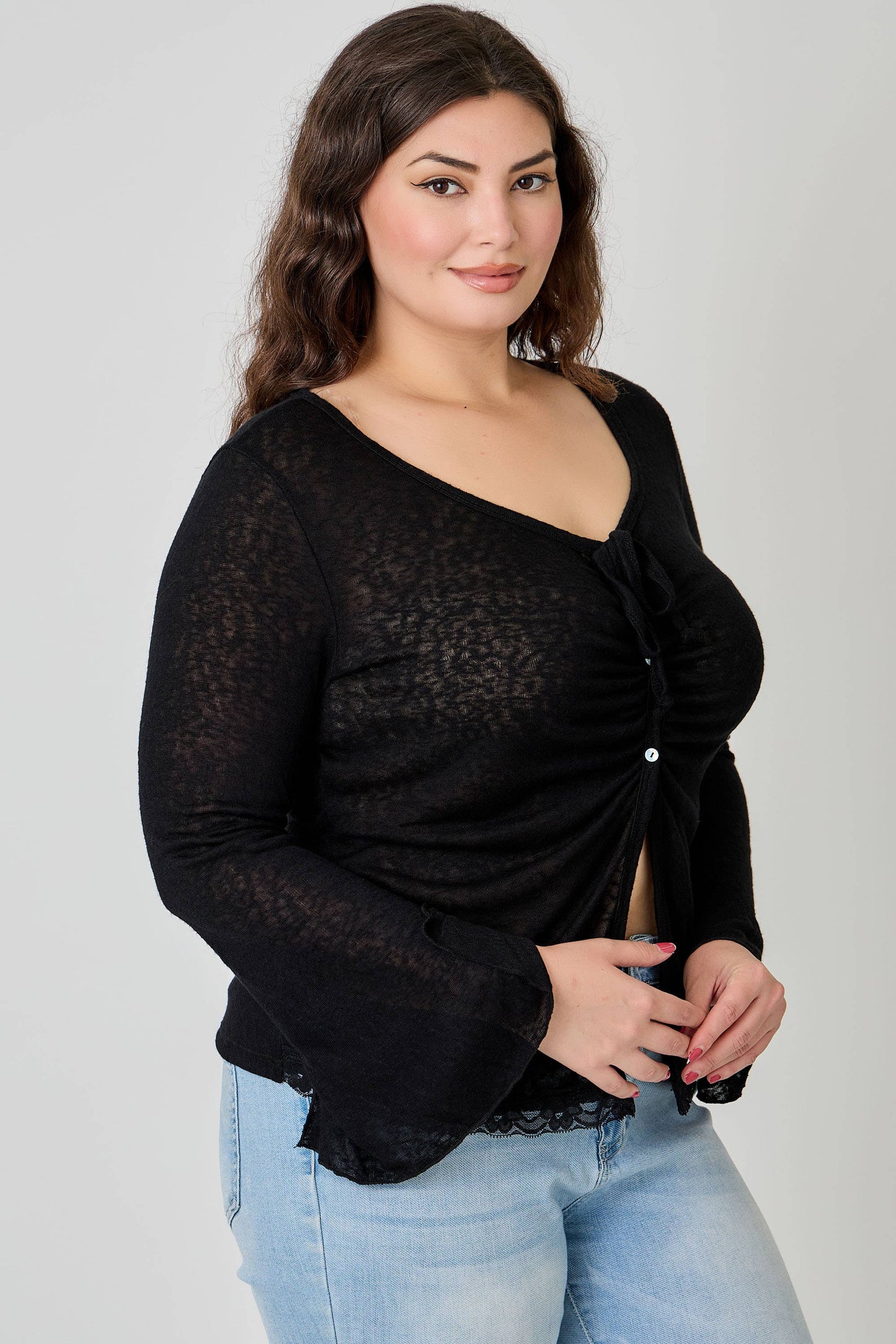 Plus Size Lightweight Knit Front Tie-Front Cardigan