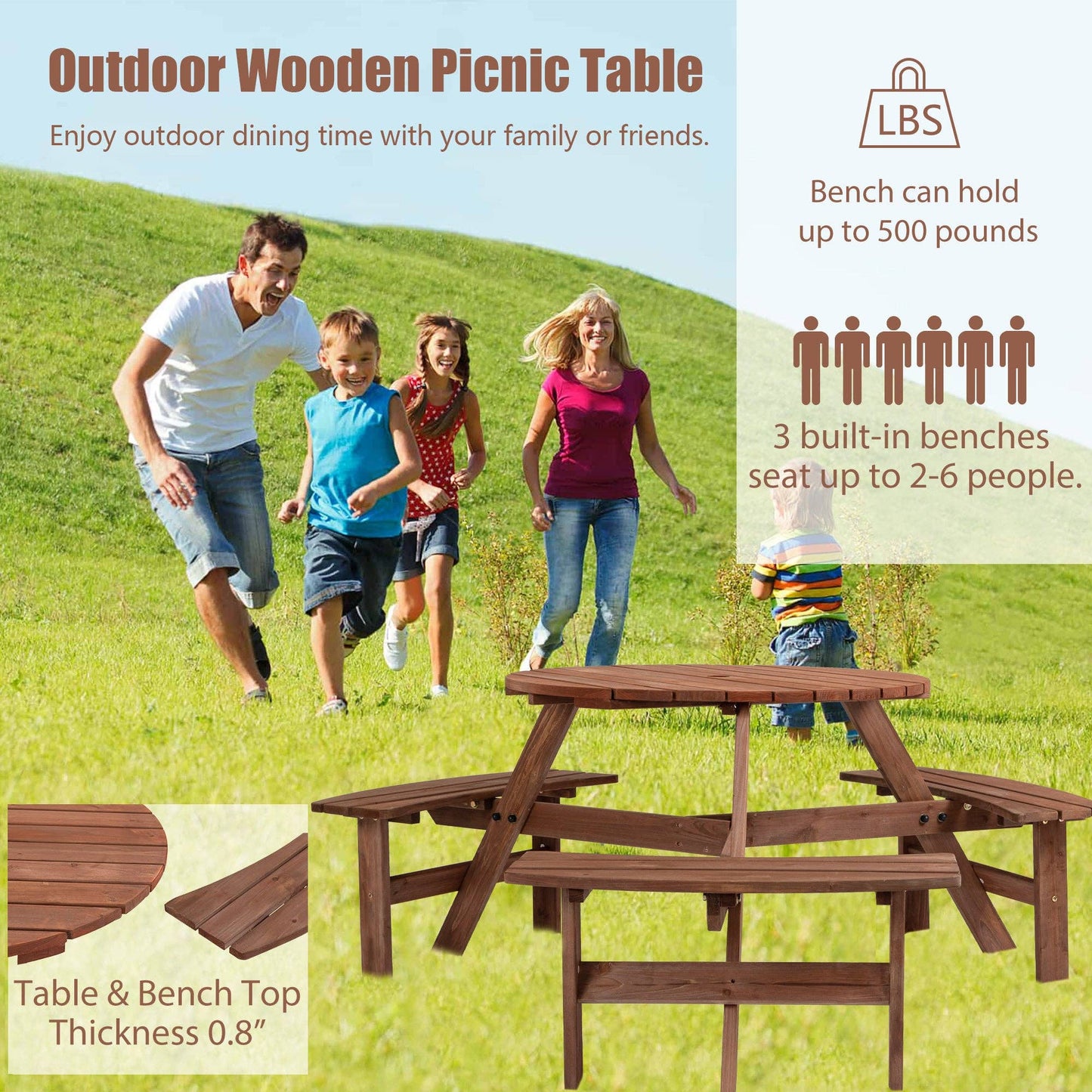 6-Person Outdoor Wooden Picnic Table with Benches–Brown/Natu: Brown