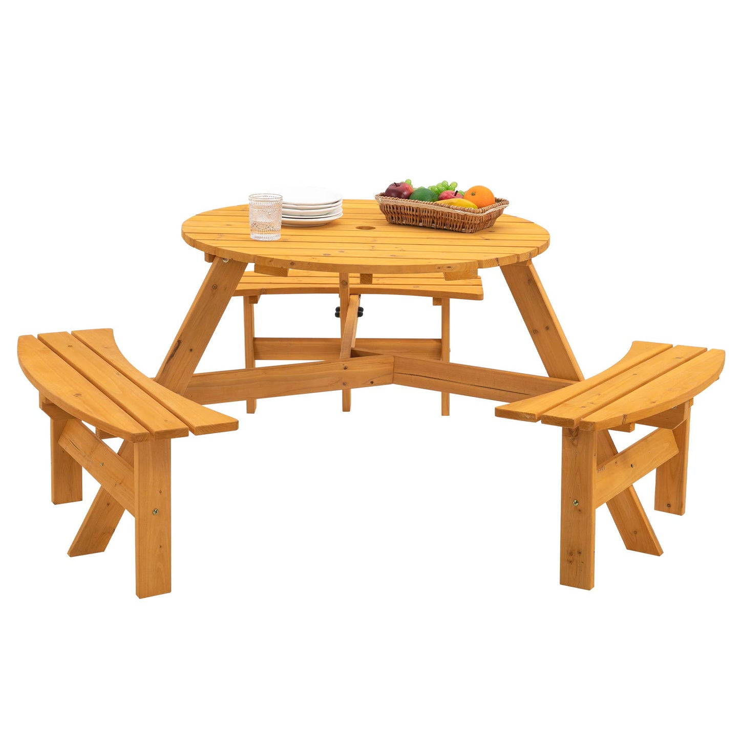 6-Person Outdoor Wooden Picnic Table with Benches–Brown/Natu: Brown
