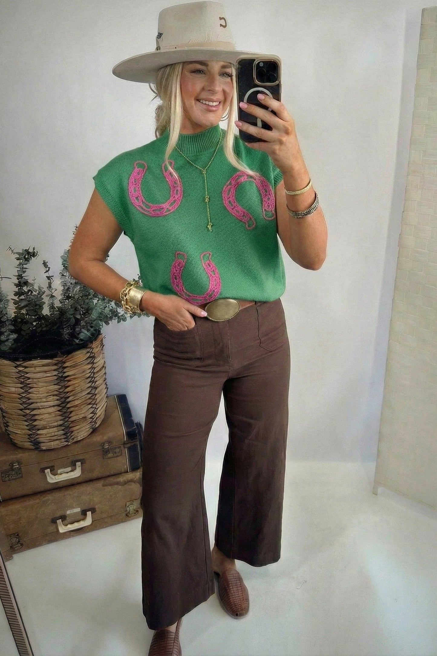 Western Horseshoe Knit Top Mock Neck Sweater Vest