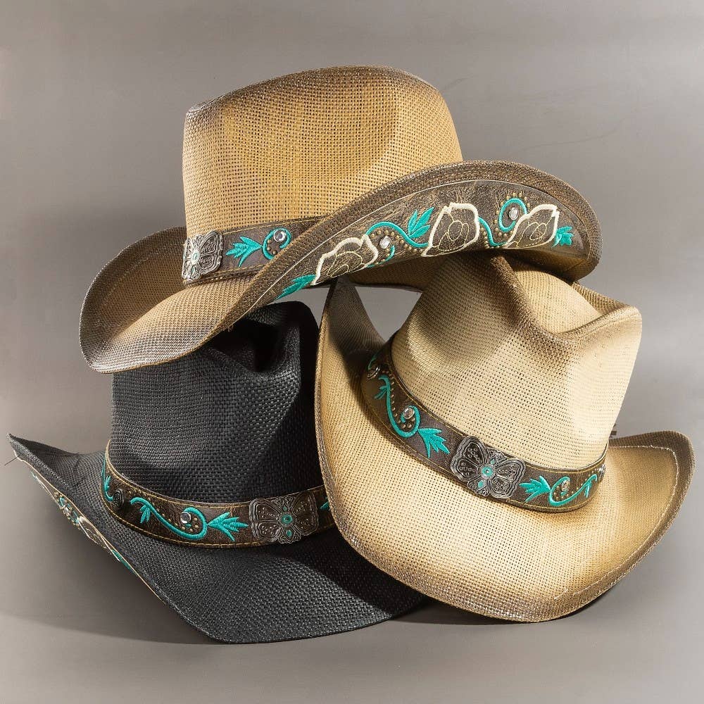 Western Butterfly Concho Detail Straw Cowboy Hat