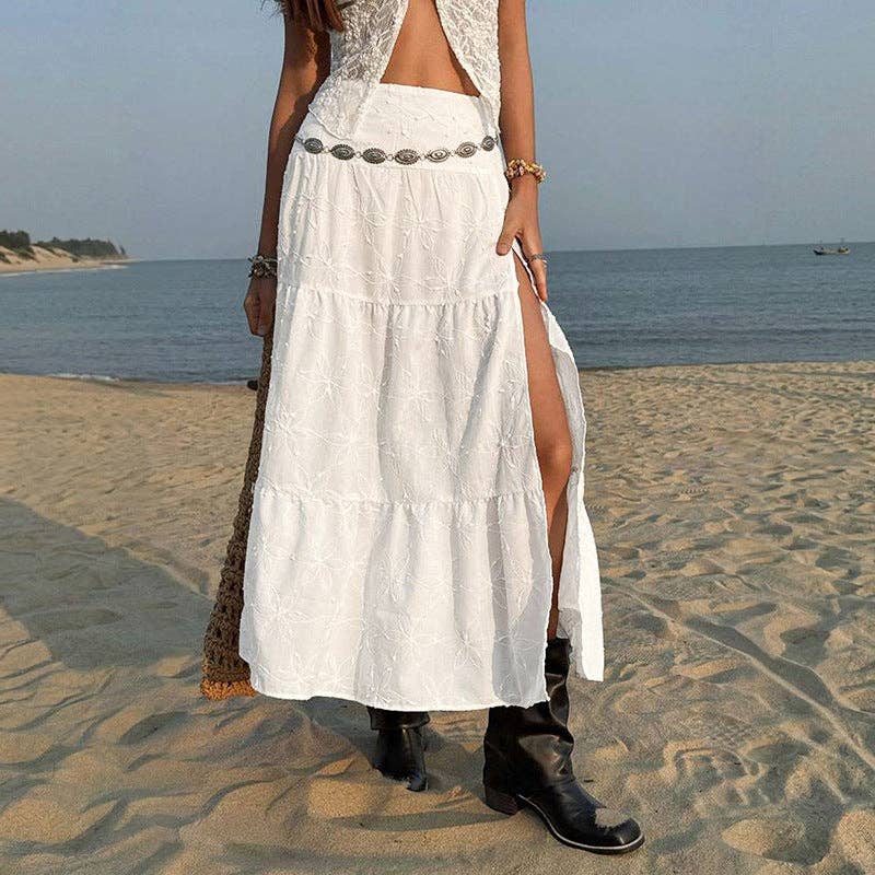 Women High Waist Embroidered Split Maxi Skirt: White / 100% Polyester / L
