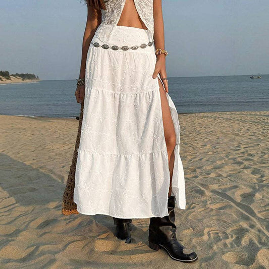 High Waist Embroidered Split Maxi Skirt