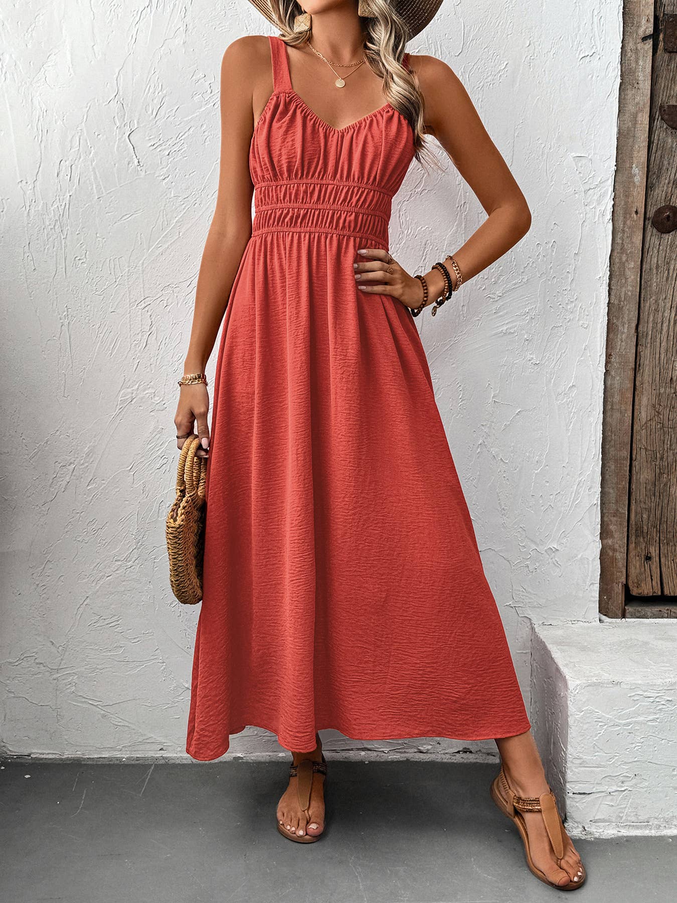 Sleeveless Ruched Bust Maxi Dress with Smocked Waist: Rust Red