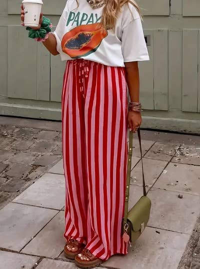 Multi Color Boho Beach Vertical Stripe Lace-Up Pants: Black / L
