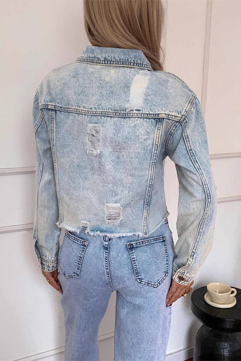 Distressed Casual Denim Jacket: BLUE / XL