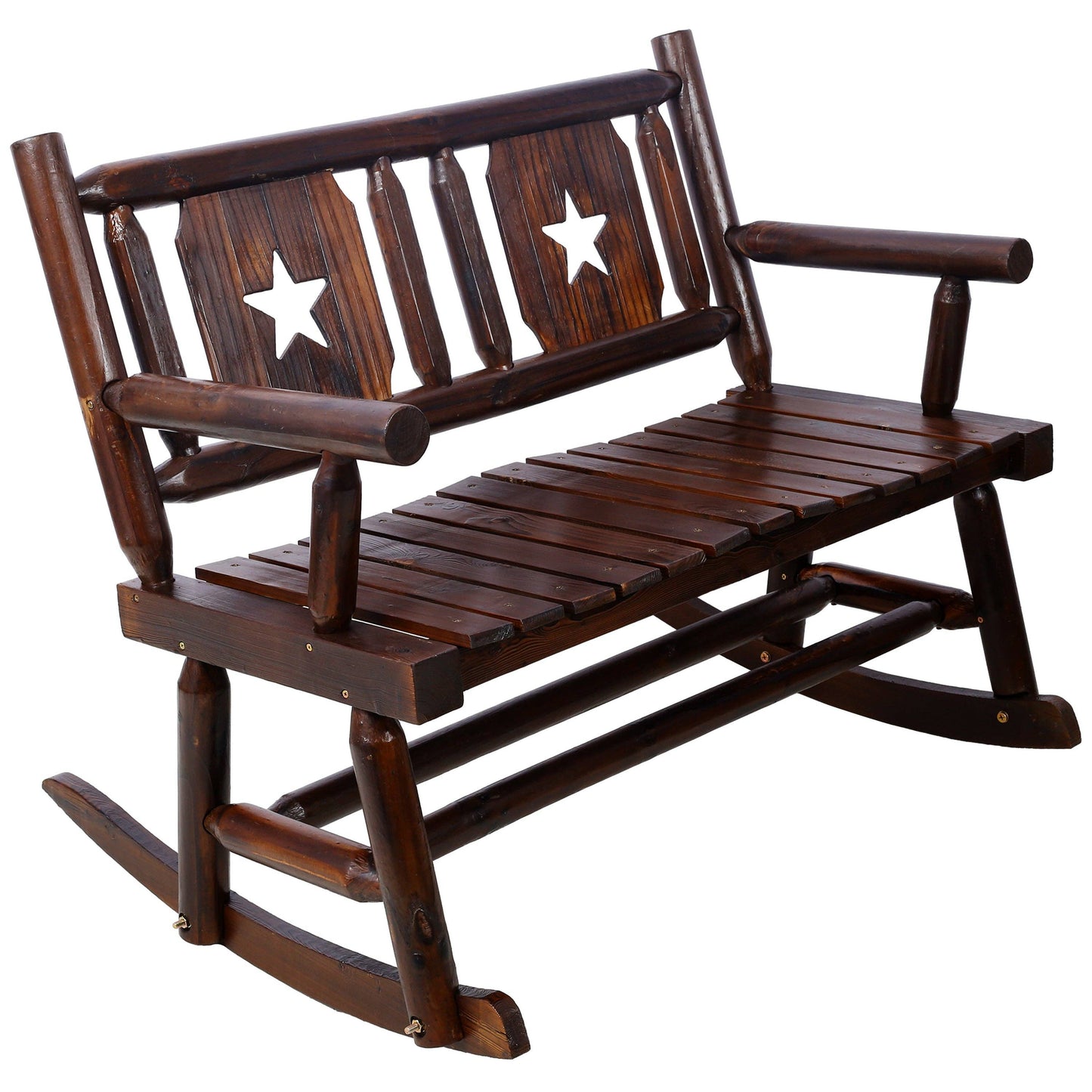 Rustic Brown Outdoor Wood Double Rocking Bench