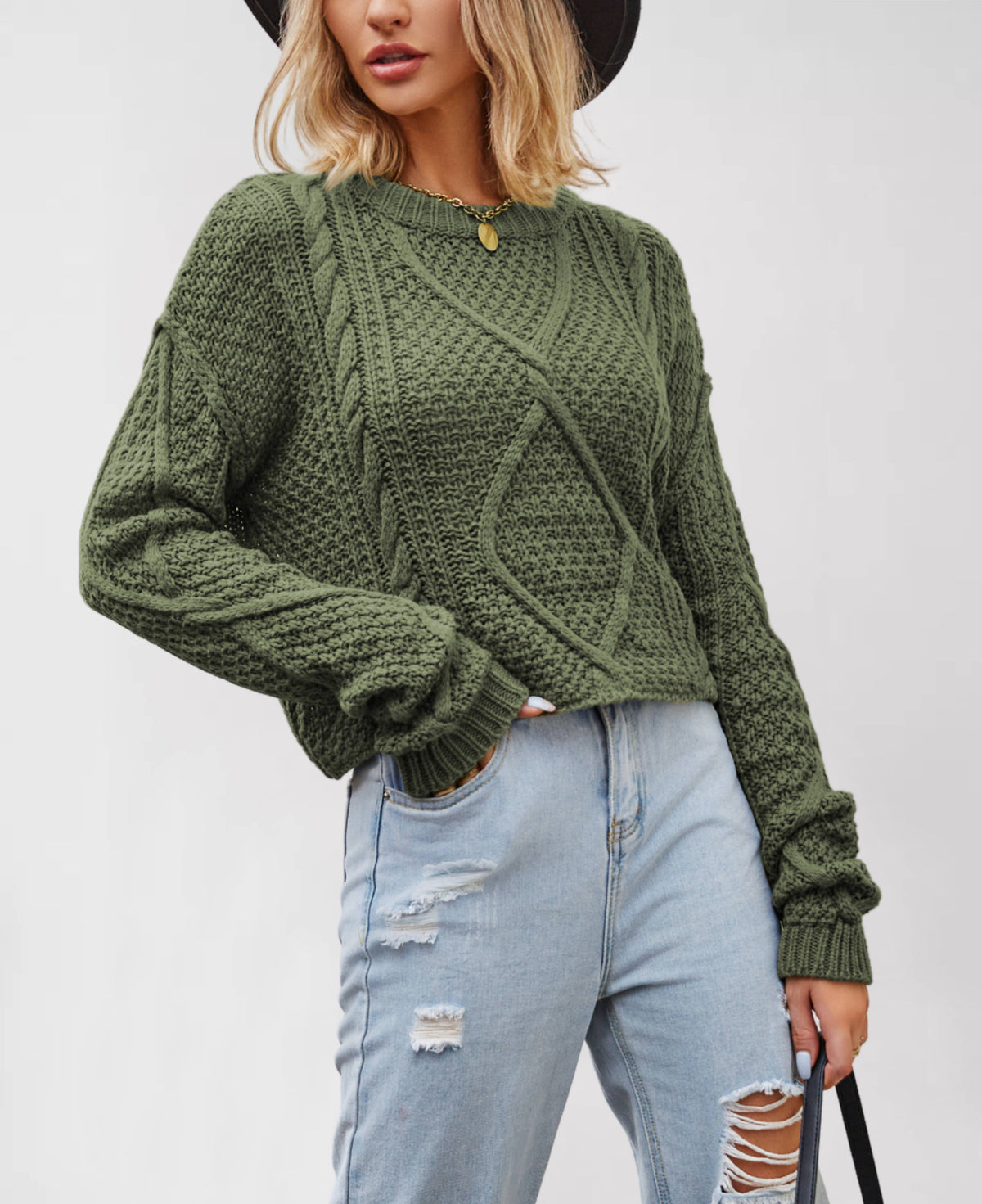 Chunky Cable Knit Pullover Sweater: Brown / Missy / M