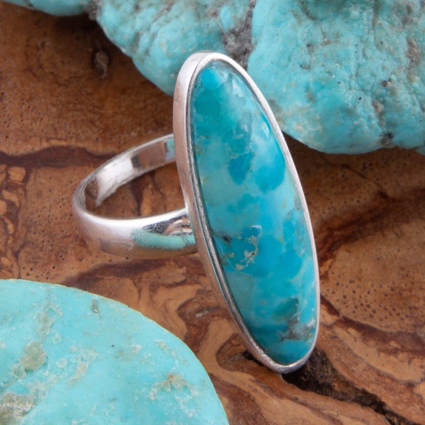 Pueblo Blue Turquoise and Silver Oval Ring: Size 9