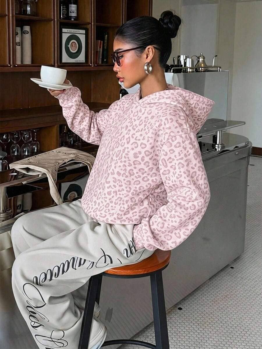 Leopard Hoodie Oversized Casual Pullover Sweatshirt: Gray Leopard / 65%viscose+35%polyester / M