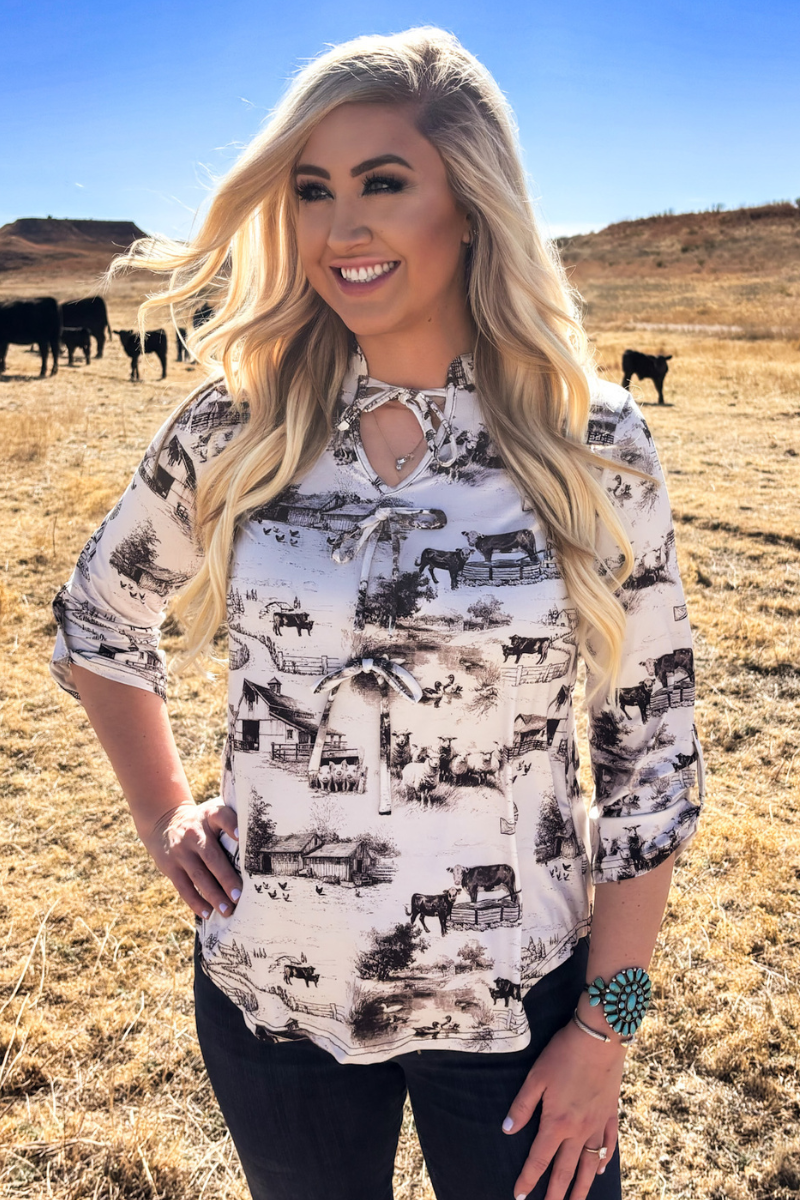 Farm Fresh Toile Bow Top: L