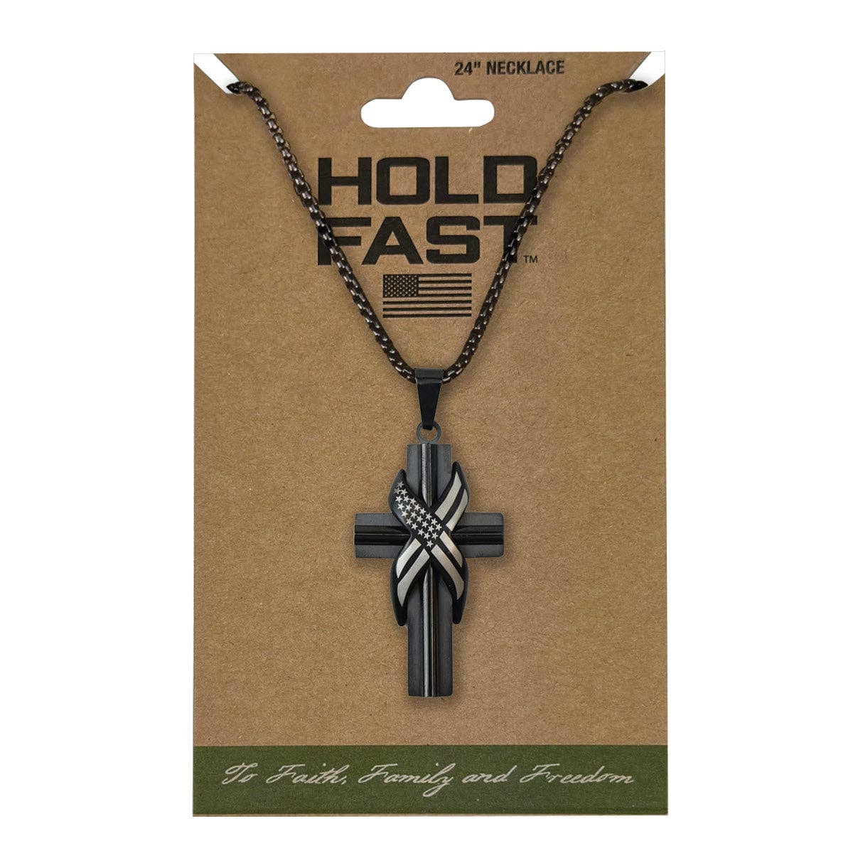Men's Necklace Wrapped Flag Cross: Black/Silver