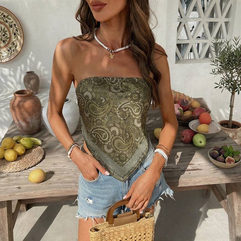 Boho Paisley Strapless Bandeau Handkerchief Top: Army Green / 95%Polyester 5% Elastane / M