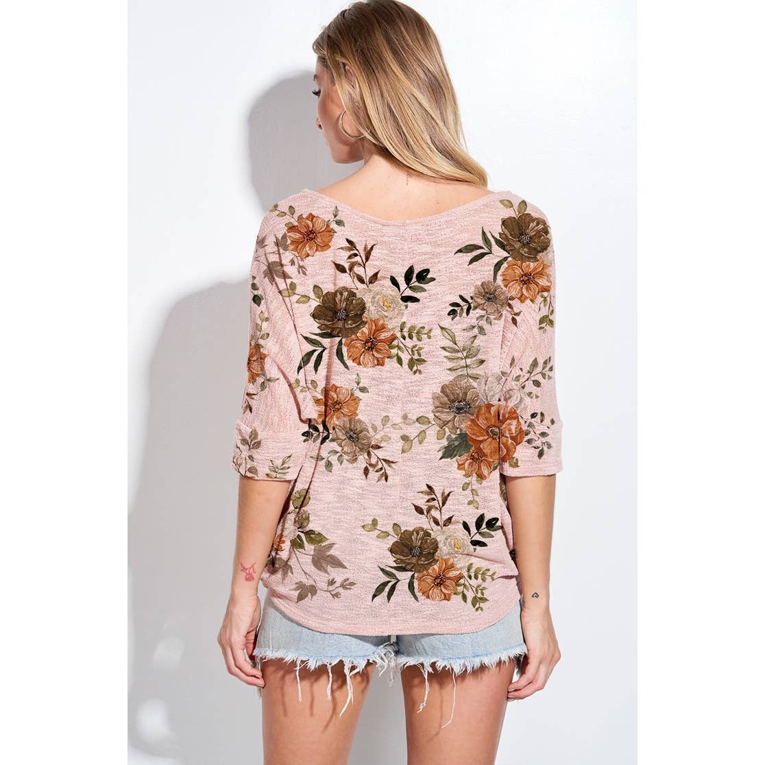 Floral V-neck Three Quarter Sleeve