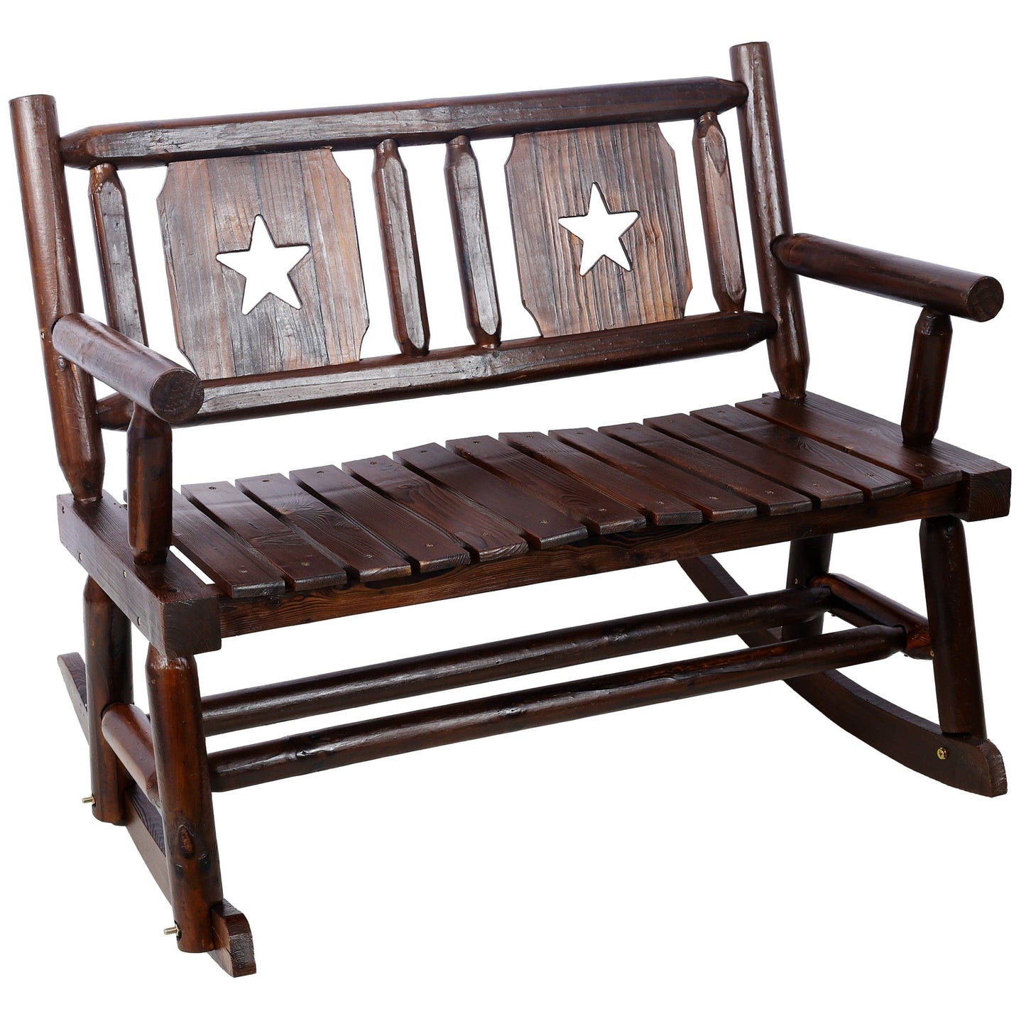 Rustic Brown Outdoor Wood Double Rocking Bench
