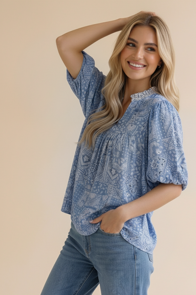 Paisley Boho Print Bubble Sleeve Blouse