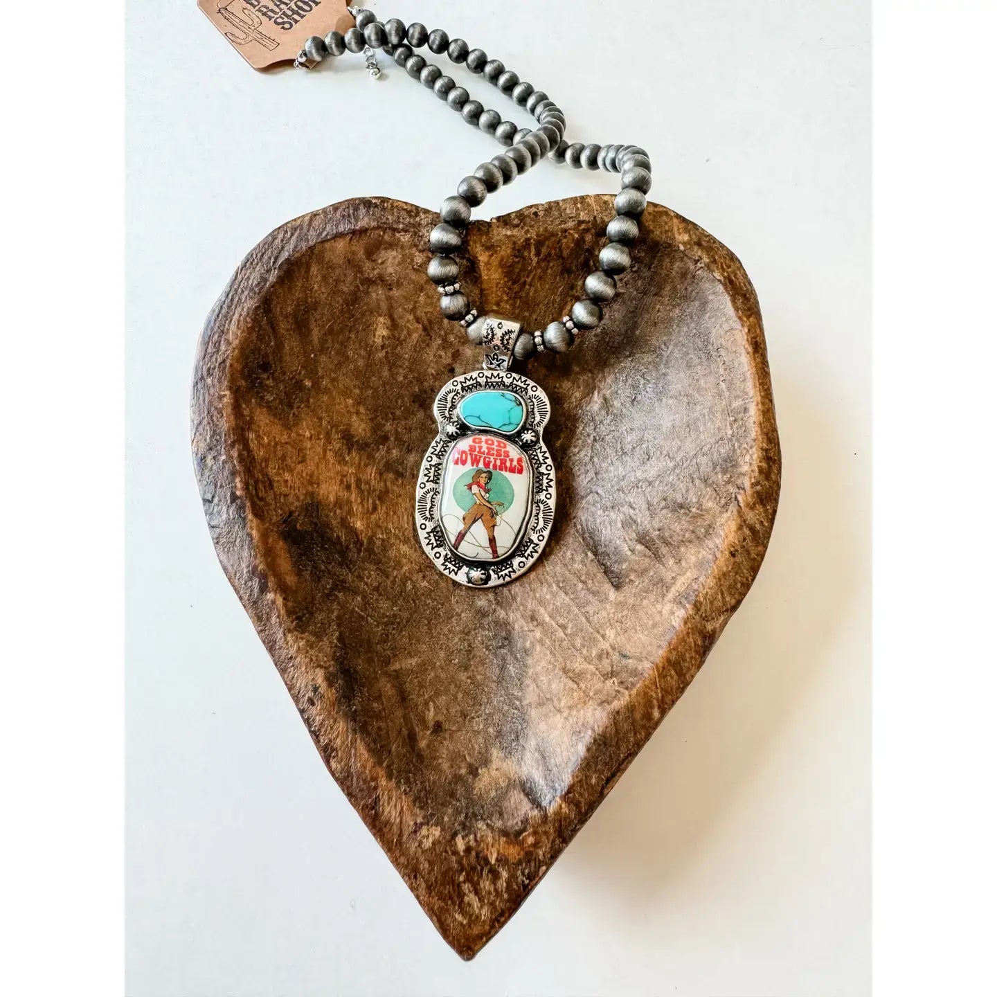 Western Print Pendant Necklace - Navajo Style Pearl: GOD BLESS COWGIRLS