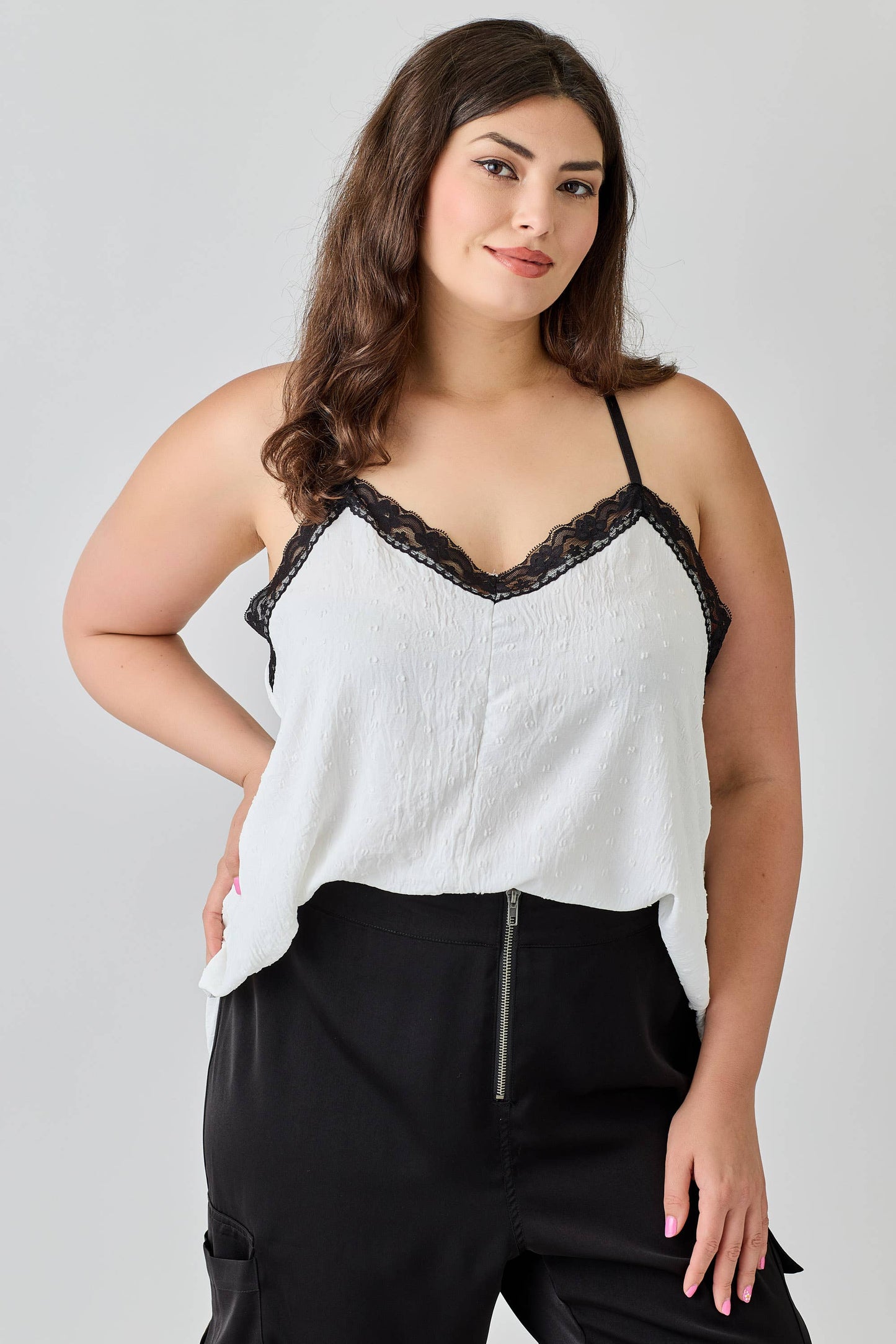 Plus Size Textured Dot Lace Trim Cami